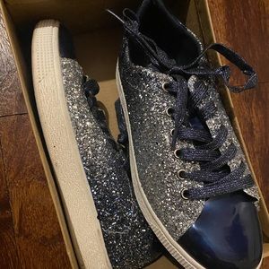 Navy blue sneakers with silver glitter